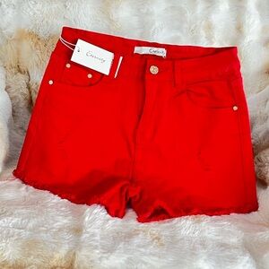 Red High-Rise Denim Shorts